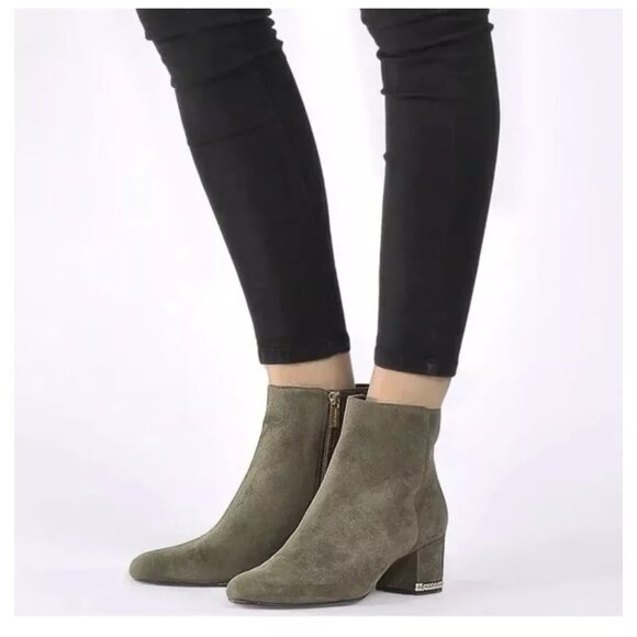 MICHAEL KORS | Sabrina Olive Suede Chain Block Heel Boots - Picture 1 of 7